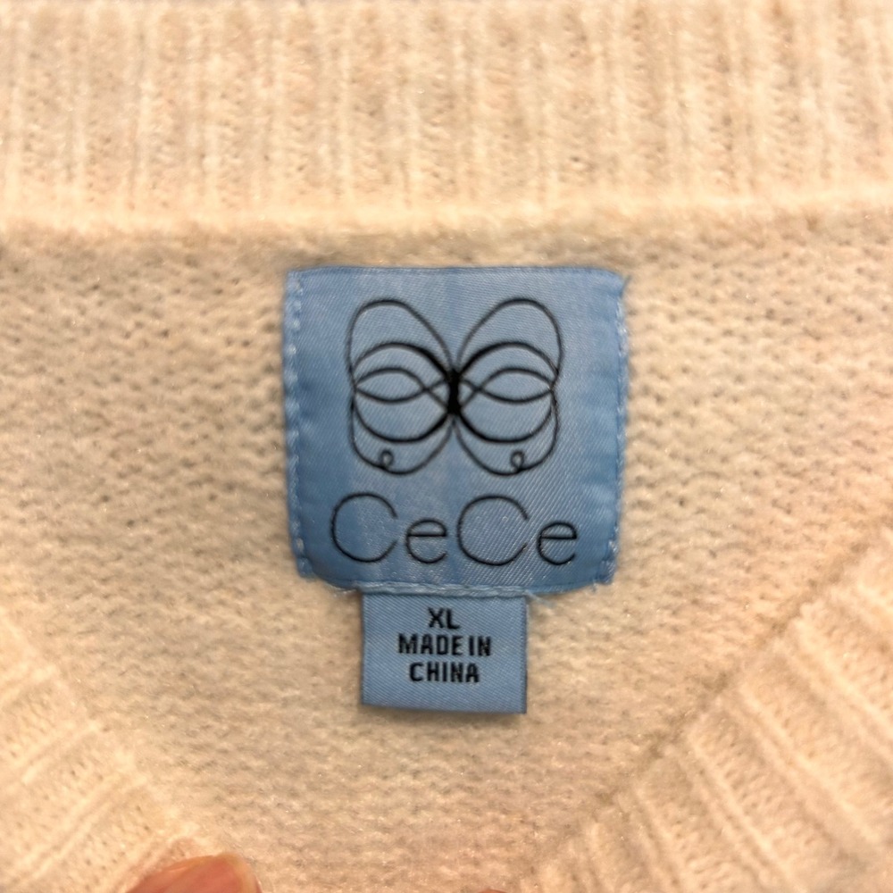 CeCe Womens Floral Embroidered Short Sleeve Sweater Ivory Pink XL New - Picture 4 of 7